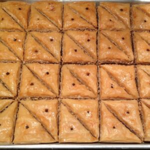 Tray of traditional Greek walnut baklava from Glyka Sweets